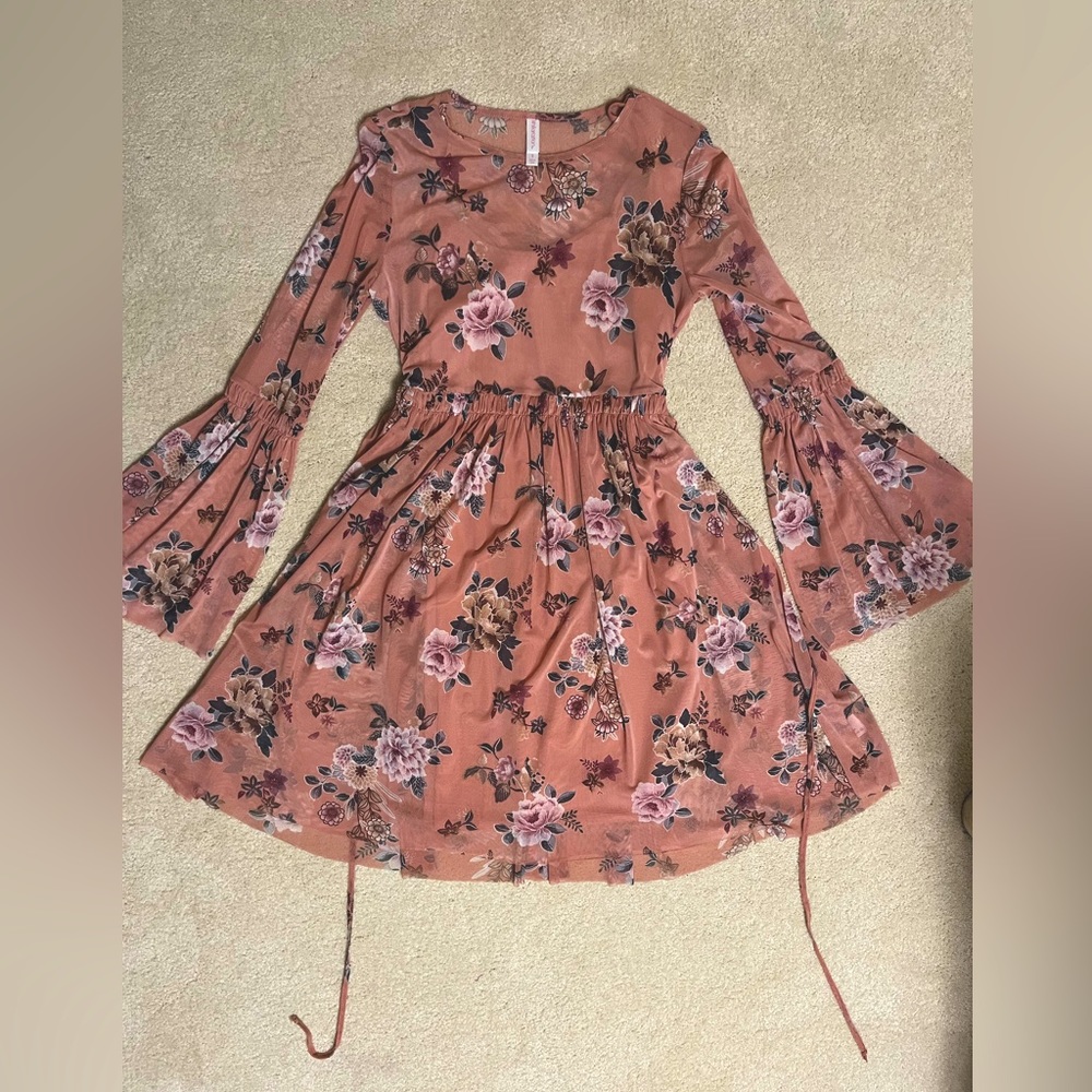 PINK FLORAL SHEER DRESS WITH SLIP M